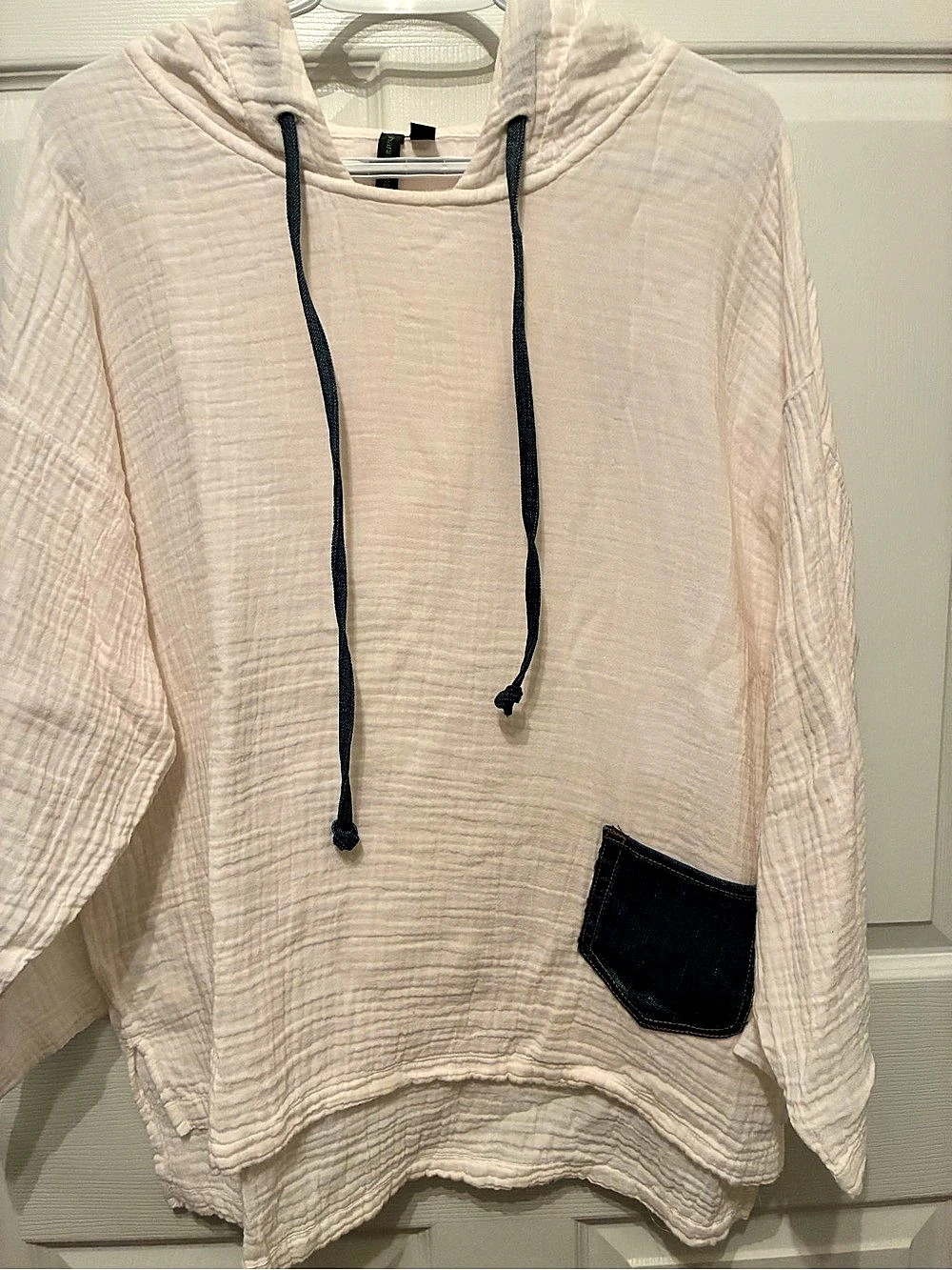 Shannon Passero Gauze Hooded Cream Tunic with Denim Pocket and strings, Ladies X